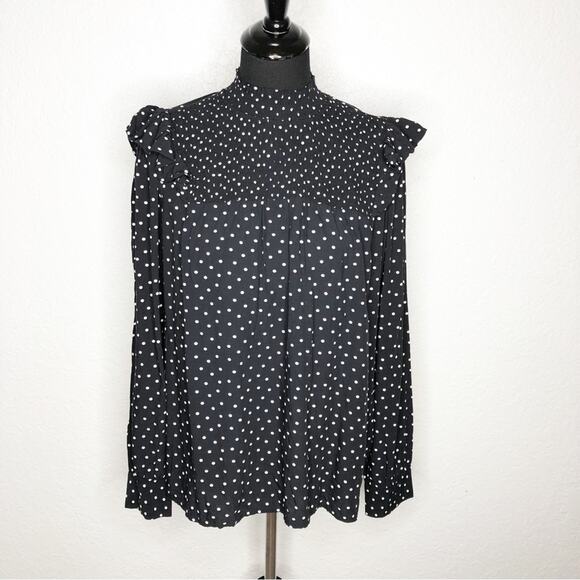 Ann Taylor black white polka dot smocked ruffle trim top size Medium NWT - Picture 1 of 15